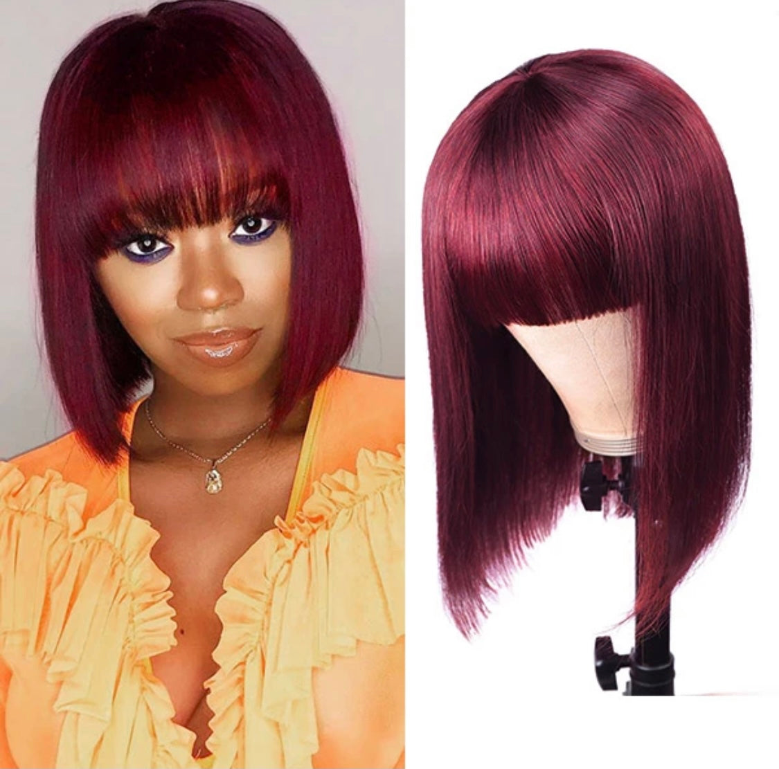 Short Bob Human Hair Wigs With Bang, 99J Machine Made Wig